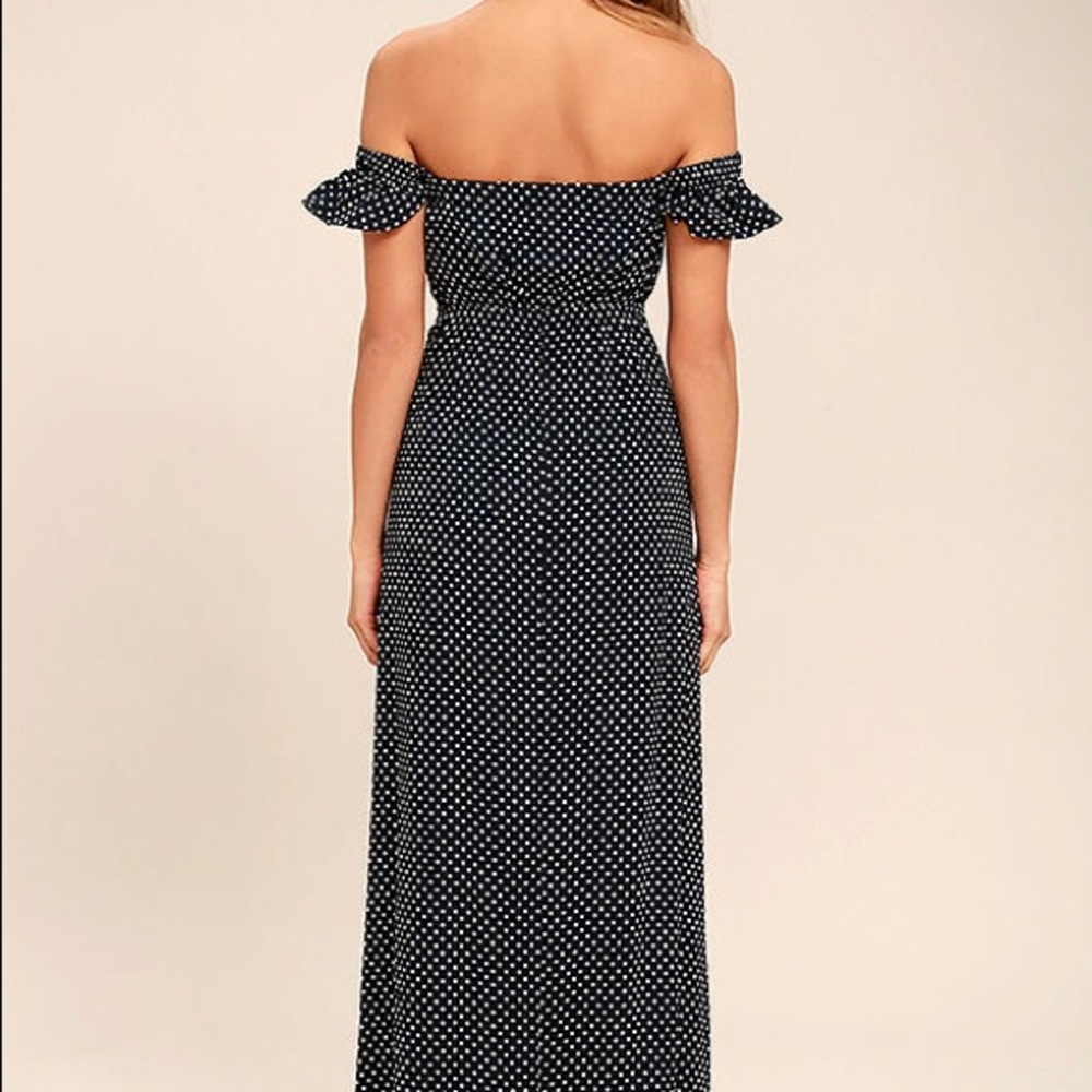 Navy blue polka dot over the shoulder maxi dress